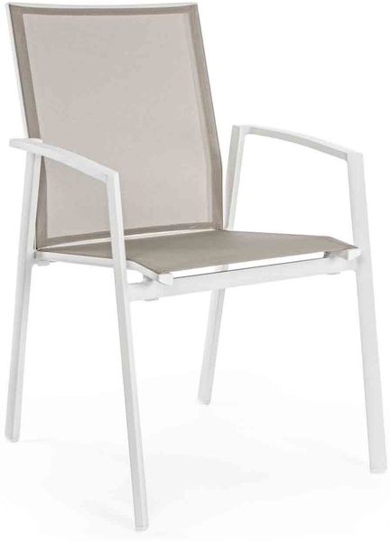 Gartenstuhl Cruise aus Aluminium und Textilene, stapelbar mit Armlehne, taupe und weiß, für draußen
