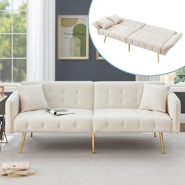 Sofabett 2-in-1 Samt,Zweisitzer mit verstellbarer Rückenlehne & Armlehnen, zum Gästebet,Weiß