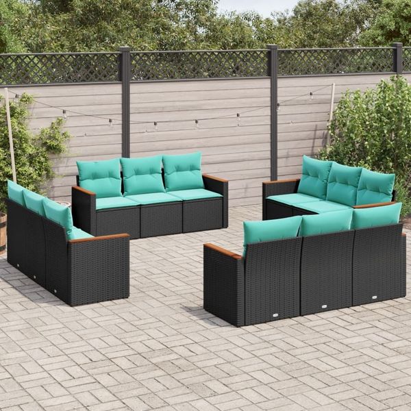 vidaXL 12-teiliges Gartensofa-Set mit Kissen, schwarzes Polyrattan 3225833