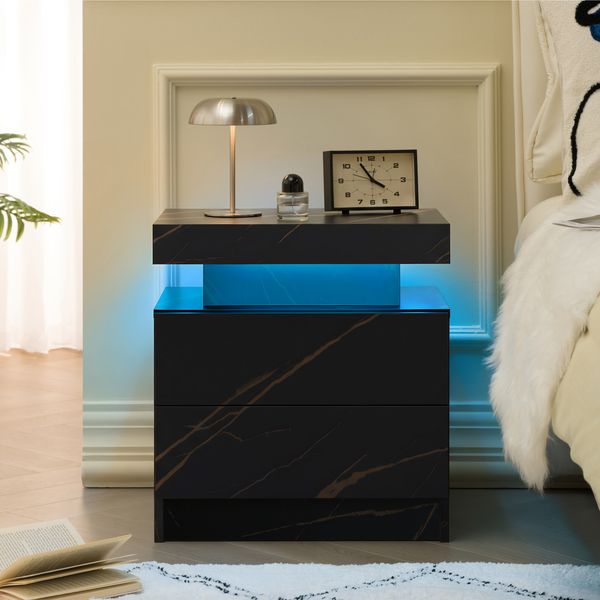 Nachttisch mit LED-Beleuchtung, 2 Schubladen & offenem Fach, 50×53×36, Schwarz/Gold
