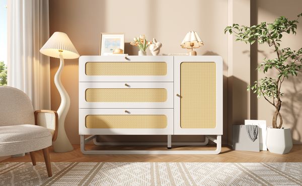 Kommode 120x85x40 cm im Landhausstil mit Rattan & Goldgriffen – 3 Schubladen & 1 Türschrank