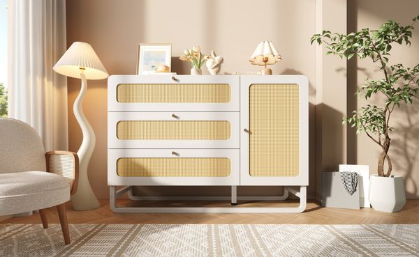 Kommode 120x85x40 cm im Landhausstil mit Rattan & Goldgriffen – 3 Schubladen & 1 Türschrank