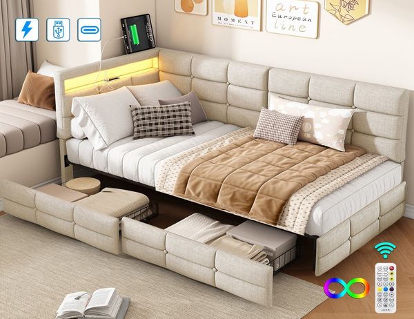 ADWOLT Schlafsofa Daybett Polsterbett Mit LED-Licht und USB-Anschluss, Set 1 Teile, 90x200 cm,Mit 2 Schubladen,Leinenstoff-Beige