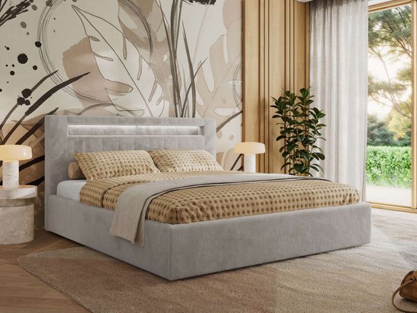 Polsterbett GOLD 5 CLASSIC 200 x 200 cm mit LED-Beleuchtung & Bettkasten, Doppelbett inkl. Lattenrost, Metall-Lift-System & Stauraum, Foam Matratze - Hellgrau Plüsch - MIRO LUX