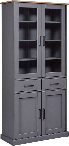 Inter Link – Vitrinenschrank – Buffet-Schrank - Geschirrschrank - Esszimmerschrank - Massivholz FSC – 4 Türen – 2 Schubladen – 3 Fachböden - Zandiara 4T2S – grau/Oak colori