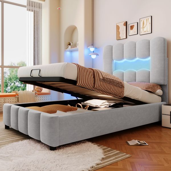 Polsterbett 90×200 cm mit hydraulischem Bettkasten, LED und verstellbarem Kopfteil, Grau