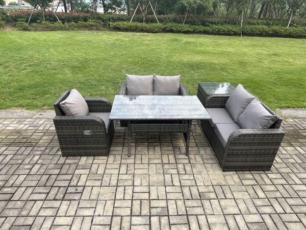 Fimous Rattan Garten Sofa Set Gartenmöbel Langer Rechteckiger Esstisch mit Sesseln Beistelltisch Dunkelgrau gemischt