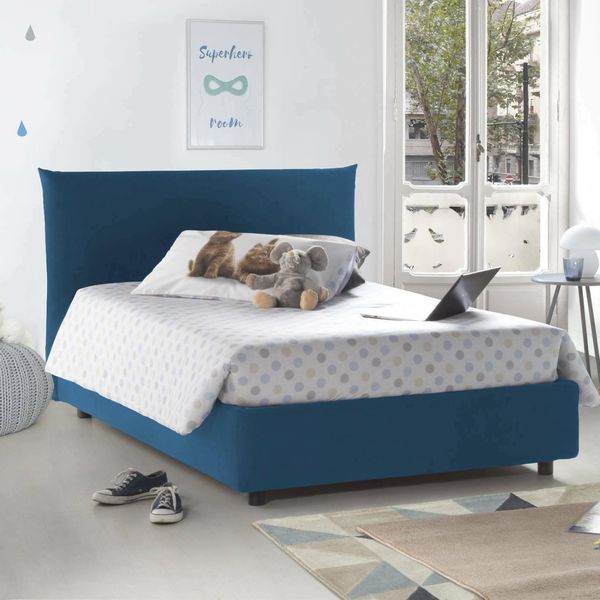 Talamo Italia - Doppelbett Creta, Bettkasten mit Stoffbezug, 100% Made in Italy, Öffnung vorne, inklusive Matratze 120x190 cm, blau