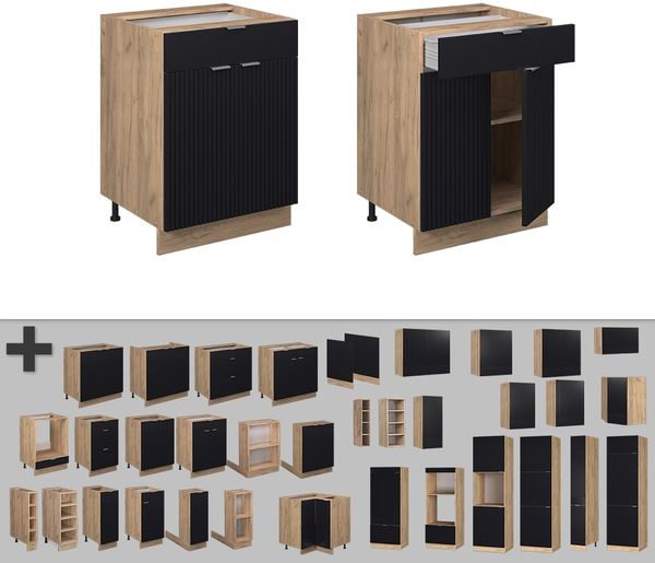 Küchenunterschrank Fame-Line Schwarz gestreift 60 cm mit Schublade, ohne Arbeitsplatte Vicco Bild 5