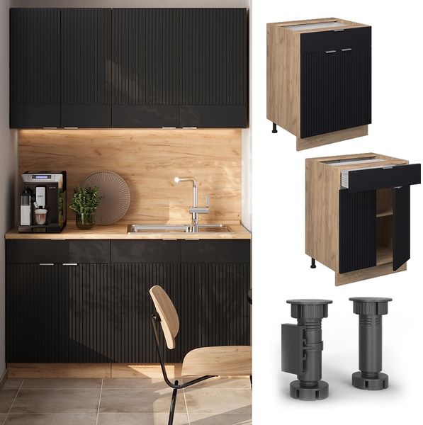 Küchenunterschrank Fame-Line Schwarz gestreift 60 cm mit Schublade, ohne Arbeitsplatte Vicco Bild 2