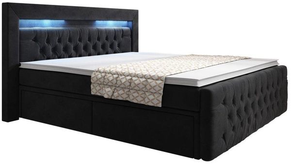 Boxspringbett Sera mit LED und Stauraum (4 Schubladen) 200x200 Schwarz H3 (70-100kg)