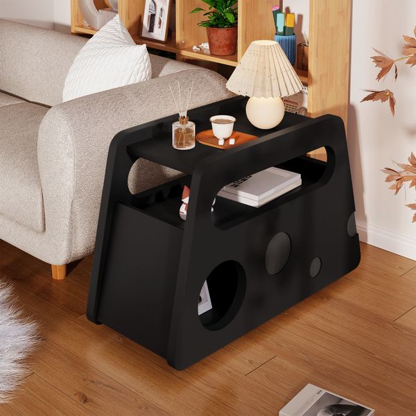 Beistelltisch auf Rollen 81 x 33 x 51,5 cm, schwarz, MDF/Spanplatte, abgerundete Ecken