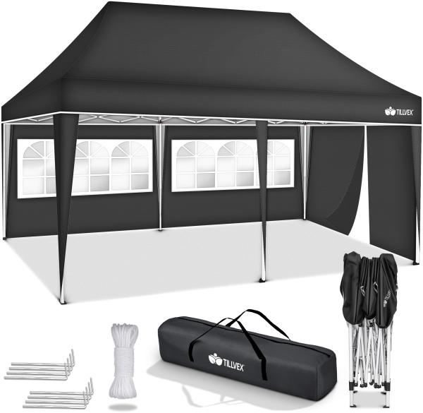 tillvex Pavillon 3x6m - mit 3 Seitenteilen Anthrazit wasserdicht | Pop-Up Faltpavillon höhenverstellbar | Gartenzelt UV Schutz 50+ | Partyzelt mit Tasche für Garten