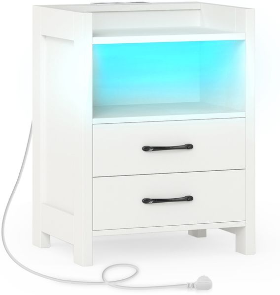 Nachttisch mit LED-Lichtern & Ladestation Nachtschrank mit 2 Schubladen & offenem Ablagefach Beistelltisch Weiß 45 x 35 x 60 cm