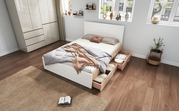 Bett 160x200 cm mit zwei Schubladen, Massivholz+MDF, Weiß/Eiche, Lattenrost inklusive, großzügiger Stauraum