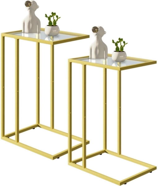 Couchtisch C Form Glas golden 2er Set stabilisiert Sofa Bett Laptop Tisch