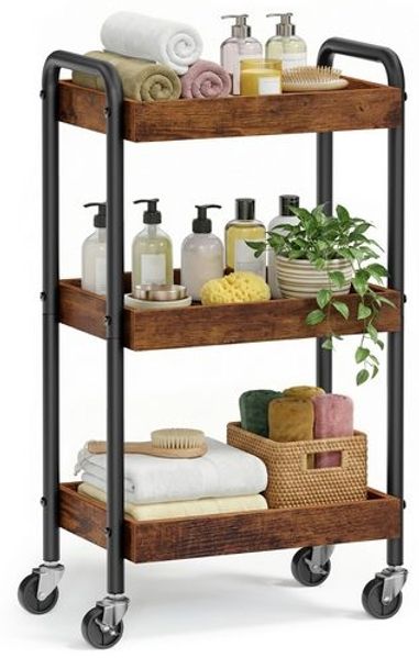 SONGMICS Servierwagen aus MDF, Küchenregal mit Griffen, Rollwagen für Bad, Schlafzimmer, Küche, braun