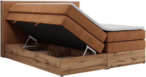 Boxspringbett, Doppelbett mit zwei 7 Härtezonen Multipocket-Matratzen, Bettkästen, Eiche Wotan Holzrahmen, Polsterbett mit Topper-Matratze - ALBERO 1 KING - 160 x 200 cm - Orange Stoff - H4 Bild 5