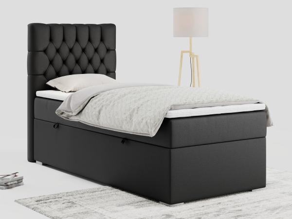 Boxspringbett PERA, Polsterbett mit Kopfstütze, gepolsterte Kopfstütze, Einzelbett, 90x200 - Schwarz Kunstleder - links - H4