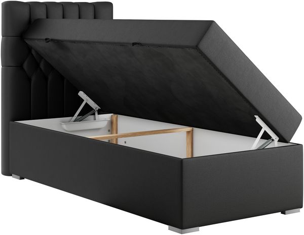 Boxspringbett PERA, Polsterbett mit Kopfstütze, gepolsterte Kopfstütze, Einzelbett, 90x200 - Schwarz Kunstleder - links - H4 Bild 3