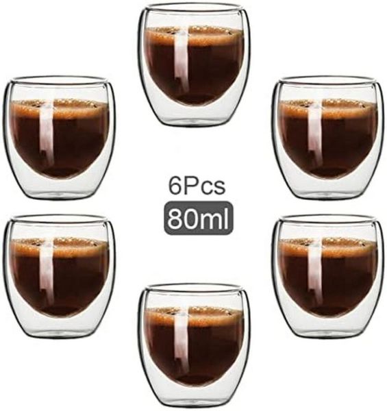 LA CUTE Thermotasse 6er Set Doppelwandige Glastassen 80ml für Tee, Espresso & Kaffee, 6-tlg, Doppelwandig hitzebeständig transparent spülmaschinenfest