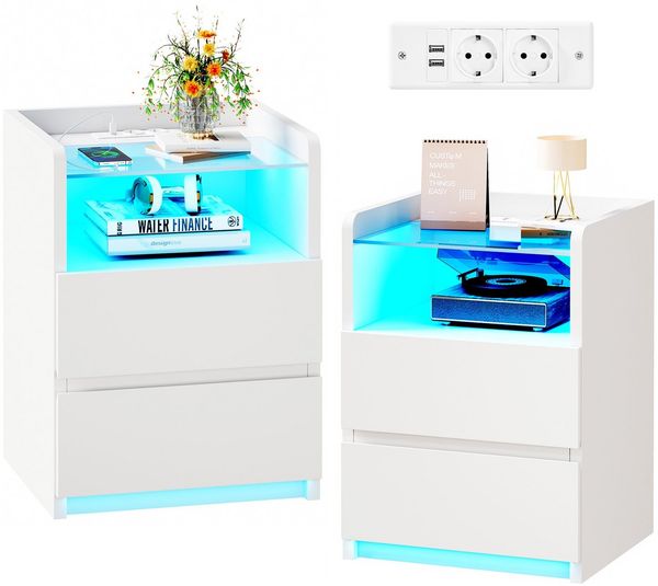 BEWISHOME Nachttisch 2er Set mit RGB-LED-Beleuchtung und Ladestation, 40x35x60 cm (2-St), Gehärtete Glasplatte, 2 Schubladen & Offenes Fach