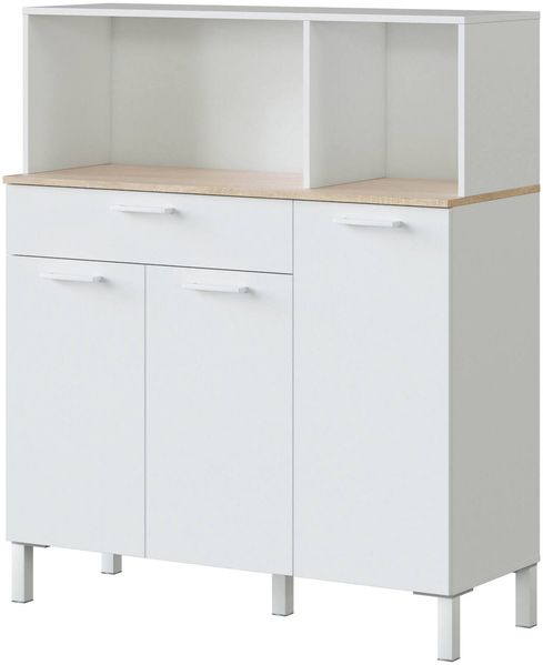 Dmora Kommode Angstrom, zusätzlicher Küchenschrank, Sideboard mit 3 Türen und 1 Schublade mit Regalen, offener Kleiderschrank, 108 x 40 x 126 cm, Weiß und Eiche