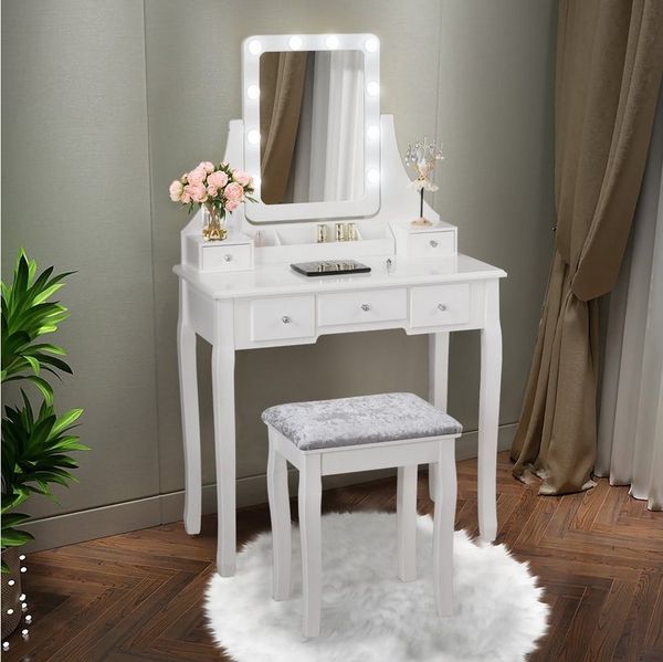 COSTWAY Schminktisch, drehbarer Spiegel, LED, abnehmbarer Oberteil, Hocker