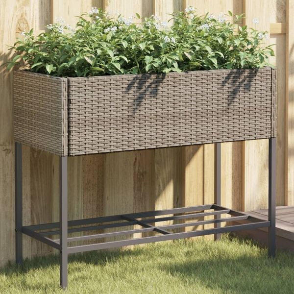 Pflanzkübel, Blumentopf, Hochbeet mit Ablage Grau Poly Rattan