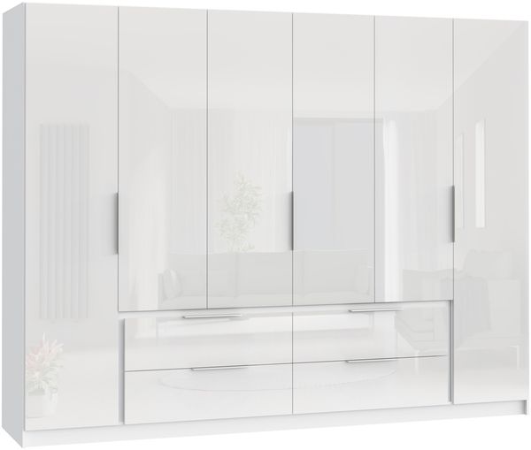 Drehtürenschrank >LUANO< 4 Schubladen, 6 Türen, Weiss / Weiss Glanz - 269,7x210,5x60cm (BxHxT)