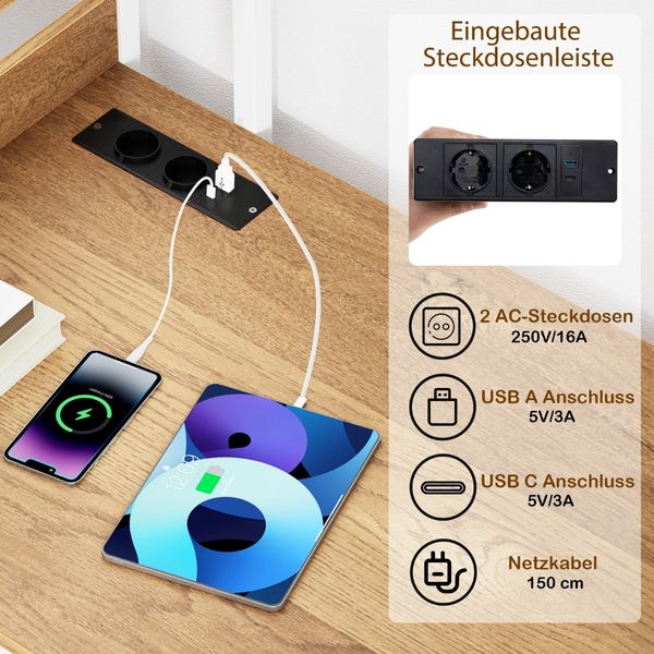 Schreibtisch mit Ladestation 120 x 65 cm Computertisch mit offenem Bücherregal Natur