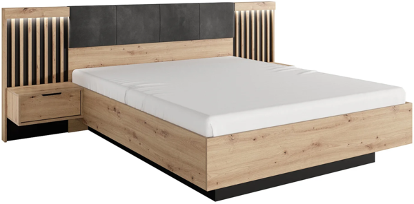 Vente-unique - Bett mit Nachttischen & Lattenrost & LED-Beleuchtung - 160 x 200 cm - Holzfarben & Schwarz - ARIADA Bild 2