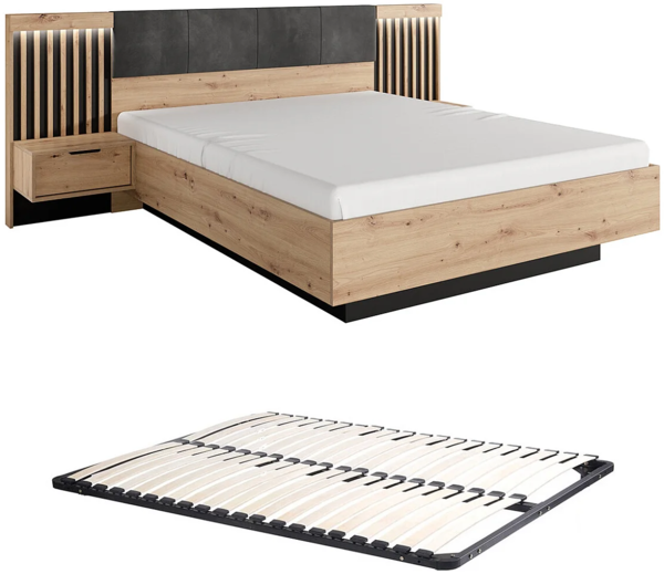 Vente-unique - Bett mit Nachttischen & Lattenrost & LED-Beleuchtung - 160 x 200 cm - Holzfarben & Schwarz - ARIADA Bild 6
