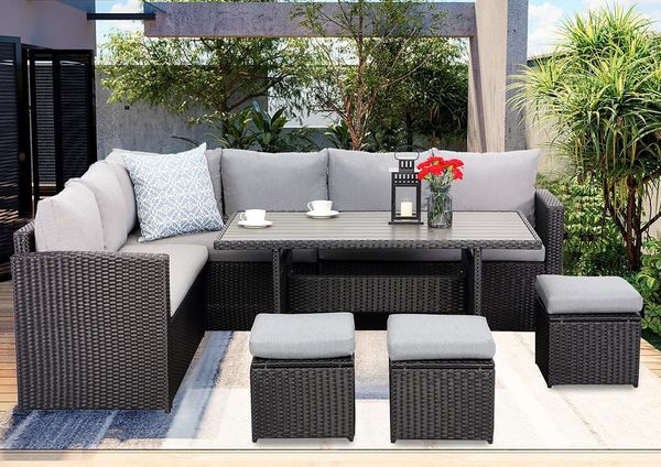 MeXo Loungeset Rattan Gartenmöbel Set 8 Personen Wetterfest, (Esstisch breit 132x76x67cm, 7-tlg, Belastbarkeit pro Sitzplatz bis zu 140kg), Gartenlounge Set mit Esstisch, Verbreiterte Armlehne