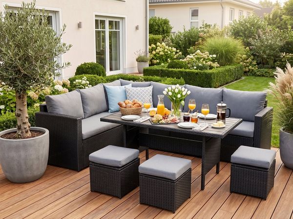 MeXo Loungeset Gartenlounge Set für 8 Personen wetterfest, (Esstisch breit 132x76x67cm, 7-tlg, Belastbarkeit pro Sitzplatz bis zu 140kg), Ecklounge, pflegeleichte Polywood-Tischplatte, Polyrattan/Stahl