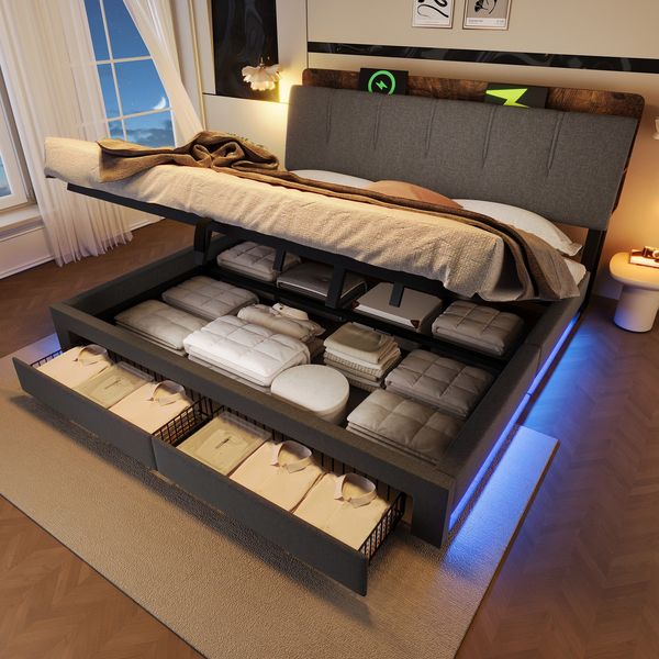 Polsterbett mit LED-Streifen, Schubladen, Lattenrost, Aufbewahrung, USB und Type-C, 180x200 cm, gepolsterter Kopfteil mit Regal, Stauraumbett, Doppelbett, Leinen