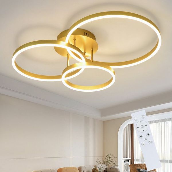 ZMH LED Deckenleuchte Wohnzimmer Modern Gold 2/3/4 Ring Design Deckenlampe Dimmbar, Augenschutz, Einfache Installtion, LED fest integriert, 3000-6500K, 82CM aus Acryl 74W Schlafzimmerlampe mit Fernbedienung Küche