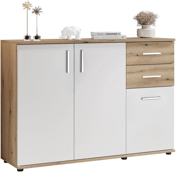 Sideboard >BC 1040< 3 Türen, 2 Schubladen, eiche rustica Dekor/ weiß - 120x84x35cm (BxHxT)