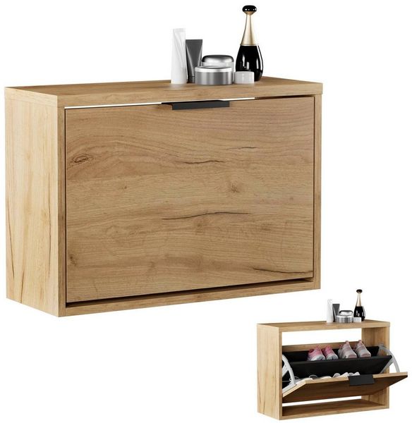 Planetmöbel Schuhschrank schmal mit 1 Klappe platzsparender Schuhregal mit 2 Ablagen, Schuhkommode für Diele, Flur, Garderobe 60 x 23 x 42,5 cm, Gold Eiche