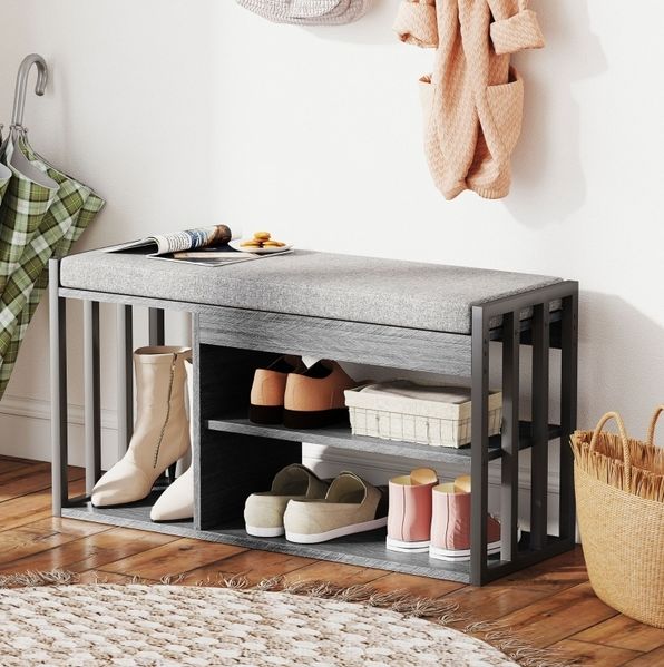 Schuhbank 86 x 30 x 45,4 cm mit 3 Ablageebenen – grauer Eingangsbereich-Organizer aus Holz und Metall