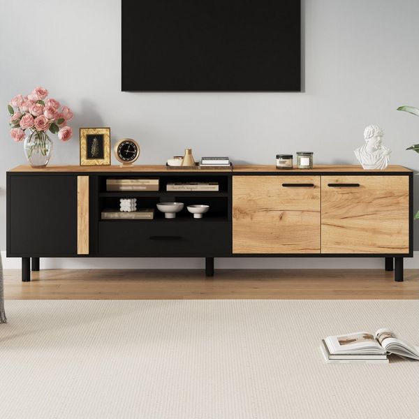 Merax Lowboard in Holzoptik & Schwarz, TV-Ständer (1 St), TV-Schrank mit 3 Türen, 1 Schublade und offenen Fächern, 180x32.5x50cm