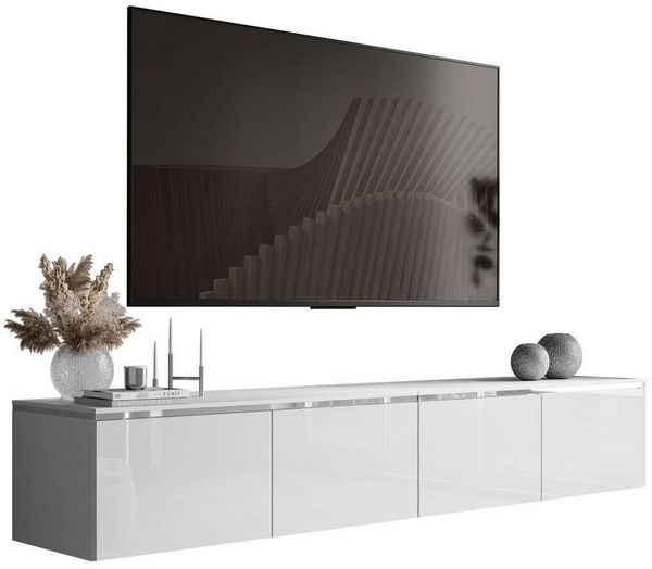 ALLHOUSE24 TV-Schrank NELLY SILBER Hängendes TV Lowboard weiß Glanz mit LED-Beleuchtung (1x TV Schrank) 200 cm Breite