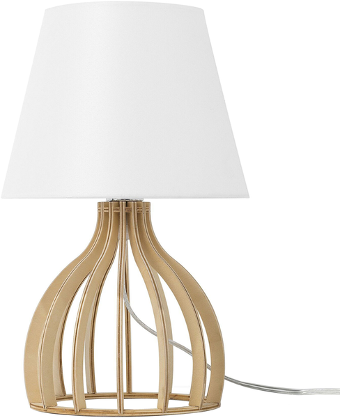 'Agueda' Tischlampe Weiß Holz 36 cm Stoffschirm Lampenfuß in Gitteroptik Kabel mit Schalter Landhausstil