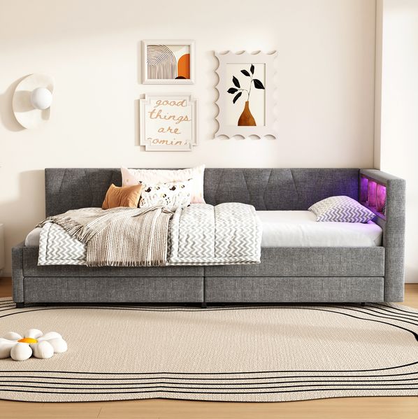 Daybett 90x200 cm mit Ablagefach – Schlafsofa aus Leinen und MDF mit USB-Anschluss, ohne Matratze