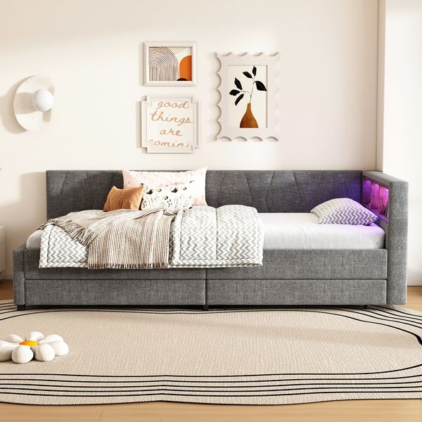 Daybett 90x200 cm mit Ablagefach – Schlafsofa aus Leinen und MDF mit USB-Anschluss, ohne Matratze
