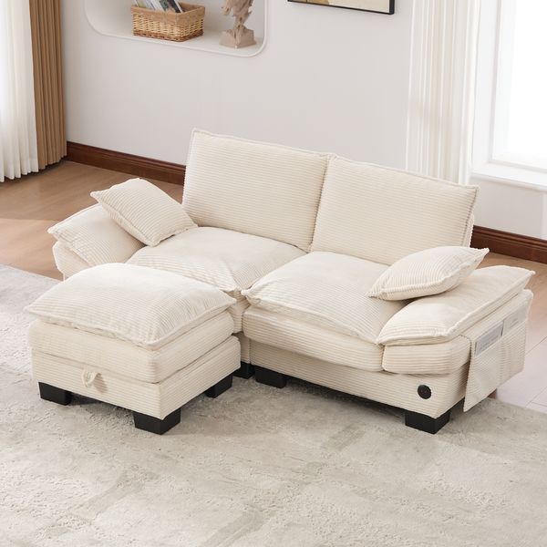 2-Sitzer Sofa mit Hocker B 190 x T 132 x H 84 cm aus Cord mit USB-C, Beige