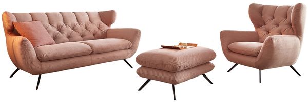 KAWOLA Sitzgruppe CHARME 3-Sitzer Sessel Hockerbank Cord rosa 94 x 95 x 225 cm Bild 3