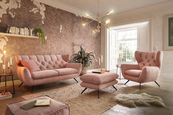 KAWOLA Sitzgruppe CHARME 3-Sitzer Sessel Hockerbank Cord rosa 94 x 95 x 225 cm