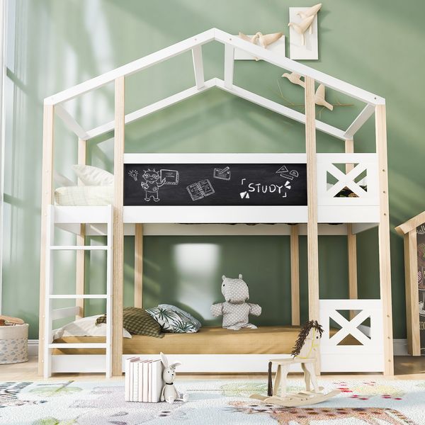 Kinderbett Baumhaus mit Leiter 90x200 cm, Hochbett für Kinder– 2x Lattenrost- Natur & Weiß
