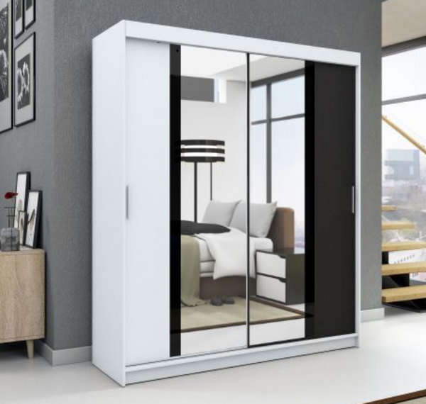 Schwebetürenschrank BRANI 2-türig Schrank 180 cm (mit Spiegel) Farbe: Weiß ,schwarz